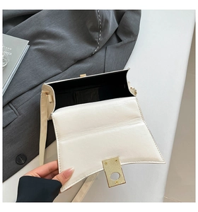Detail view of the interior compartment and gold lock on white flap handbag