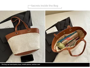 Detail showing spacious interior of the straw tote bag with brown leather handles