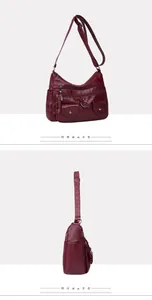 Detail view of burgundy soft leather crossbody bag with multiple zipper pockets