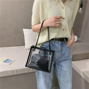Detail of transparent PVC tote bag with black chain strap and metal turn-lock closure