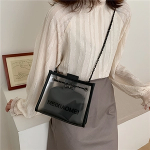 Detail of transparent PVC crossbody bag with black inner pouch and chain strap worn by model