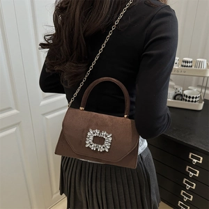 Luxury Rhinestone Square Buckle Handbag Fashion Suede Crossbody Bag Metal Chain Strap Evening Party Shoulder Bag Women