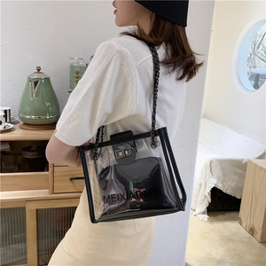 Side view of clear PVC crossbody bag with black leather inner pouch on a model