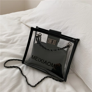 Women Fashion Transparent PVC Shoulder Bag Minimalist Sub-Mother Crossbody Bag With Inner Pouch Metal Chain Strap Square Bag