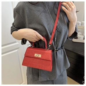 Detail of red tweed Kelly bag with gold metal twist lock and slim shoulder strap
