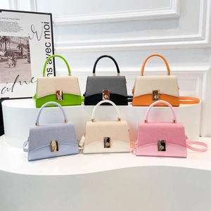Women Korean Style Contrast Color Top Handle Square Bag 2025 Summer New Patchwork PU Woven Shoulder Crossbody Bag With Lock