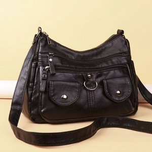 Women Retro PU Leather Multi-Pocket Shoulder Bag Soft Washable Leather Crossbody Bag For Mother Casual Daily Travel Bag