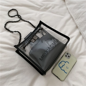 Detailed top-down view of clear PVC crossbody bag with black pouch and woven chain strap