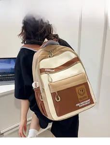 Detailed view of spacious color-block backpack with multiple zipper pockets on a model
