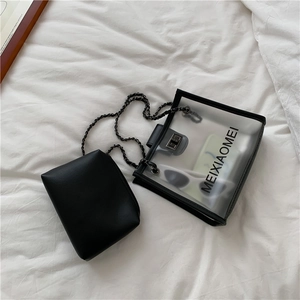 Detailed view of clear PVC shoulder bag with black inner pouch and metal chain strap