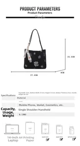 Detailed sizing guide showing dimensions and capacity for floral tote handbag