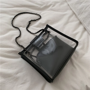 Transparent PVC chain crossbody bag with black inner pouch on white background