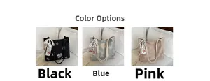 Three large tote bags in black, blue, and pink with floral texture and silk scarves