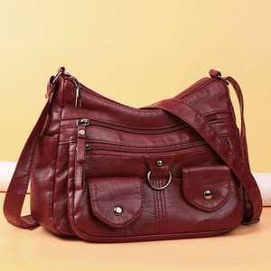 Classic dark red multi-pocket crossbody shoulder bag in soft leather for middle-aged women