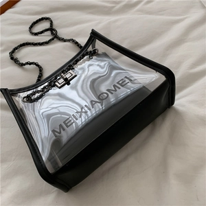 Transparent PVC crossbody chain bag with black leather trim and metal lock on white background