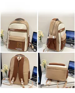 Detailed views of multi-compartment vintage canvas backpack in khaki and brown colors