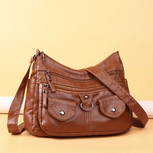 Brown vintage faux leather crossbody bag with multi-zipper pockets and wide strap