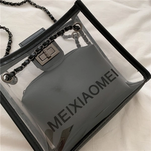 Close-up of transparent PVC crossbody bag with black inner pouch and chain strap