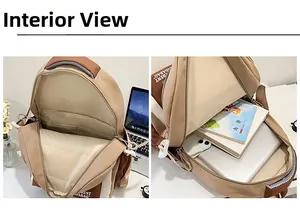 Internal view of khaki backpack showing laptop compartment and multi-layer organizer pockets