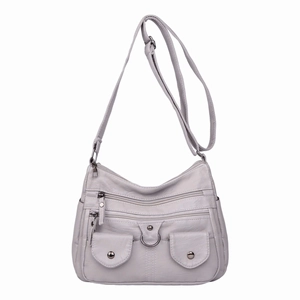 Light gray multi-pocket crossbody bag in soft washed leather with adjustable shoulder strap