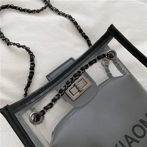 Close-up of transparent PVC shoulder bag featuring black trim and metal chain strap details