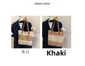 Comparación de bolsos tote de paja en blanco roto y caqui con asas de cuero