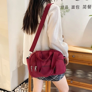 Deep burgundy nylon shoulder bag for women with large capacity and multi-pocket design