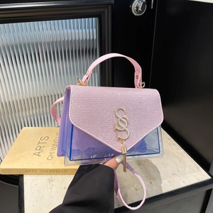 Mode Femmes Sac Bandoulière PVC Transparent Rabat Paillettes Brillantes Motif Losanges Sac à Main Lettre S Gland