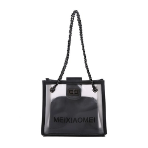 Transparent PVC crossbody bag with black trim, chain strap and removable inner pouch
