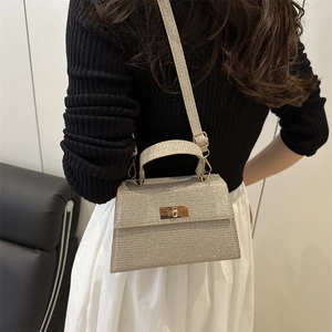 French vintage champagne glitter handbag with metal buckle and crossbody strap for women