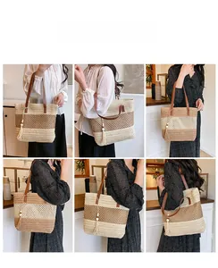 Detailed views of striped straw tote bag with leather handles and tassel on a model