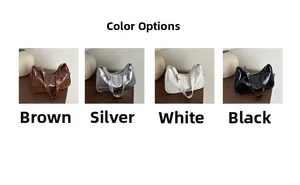 Four colors of glossy crescent underarm bags in brown, silver, white and black finishes