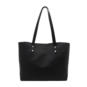 Black woven leather tote bag with large capacity and stylish top-handle shoulder straps