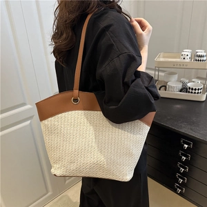 Large capacity woven straw tote bag with brown leather patchwork for beach and daily commute