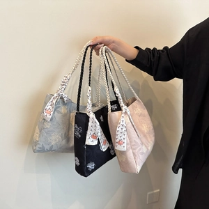 Women Large Capacity PU Leather Floral Printed Tote Bag Korean Casual Shoulder Shopping Bag With Scarf Decoration