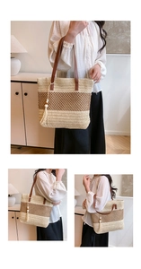 Detailed close-up showing texture of the woven straw tote bag with brown leather straps