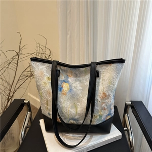 Women Floral Print Tote Bag Large Capacity Tulip Pattern Jacquard Fabric PU Leather Splicing Casual Shoulder Bag