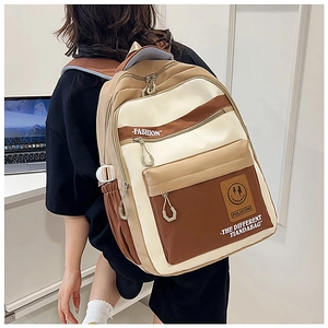 Detail of color-blocked backpack with multiple pockets and geometric zipper pullers