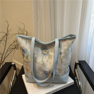 Floral chiffon tote bag with 3D tulip texture and light blue leather straps in high detail