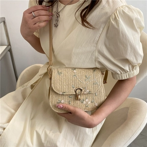 Straw crossbody bag with floral embroidery and gold buckle for women summer style