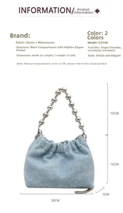 Detailed size specifications of the light blue denim bucket bag with pearls and rhinestones