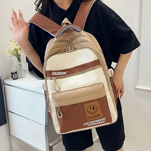 Three-tone color block backpack for students with large capacity and multi-pockets
