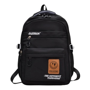 Large black minimalist school backpack with fashion slogan and contrast label detail
