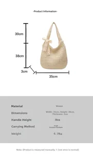 Detailed size specifications for handmade straw tote bag with lace bow decoration