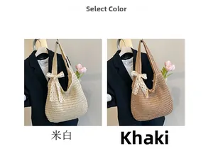 Detail of woven straw tote bags in beige and khaki with elegant lace bow decoration
