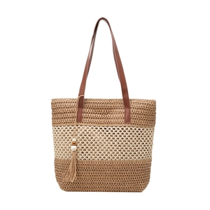 Bolso tote grande de paja tejida con rayas y asas de cuero sintético marrón