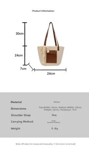 Tableau des tailles pour sac fourre-tout tissé avec dimensions de l'anse et détails du produit