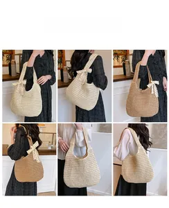 Detailed views of woven straw shoulder bag with delicate white lace bow decorations