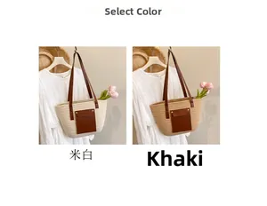 Détail des sacs fourre-tout tissés en blanc cassé et kaki avec poche en cuir et bandoulière