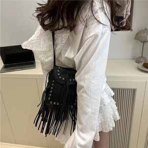 Retro black leather crossbody bag with silver studs and long fringe tassels for women